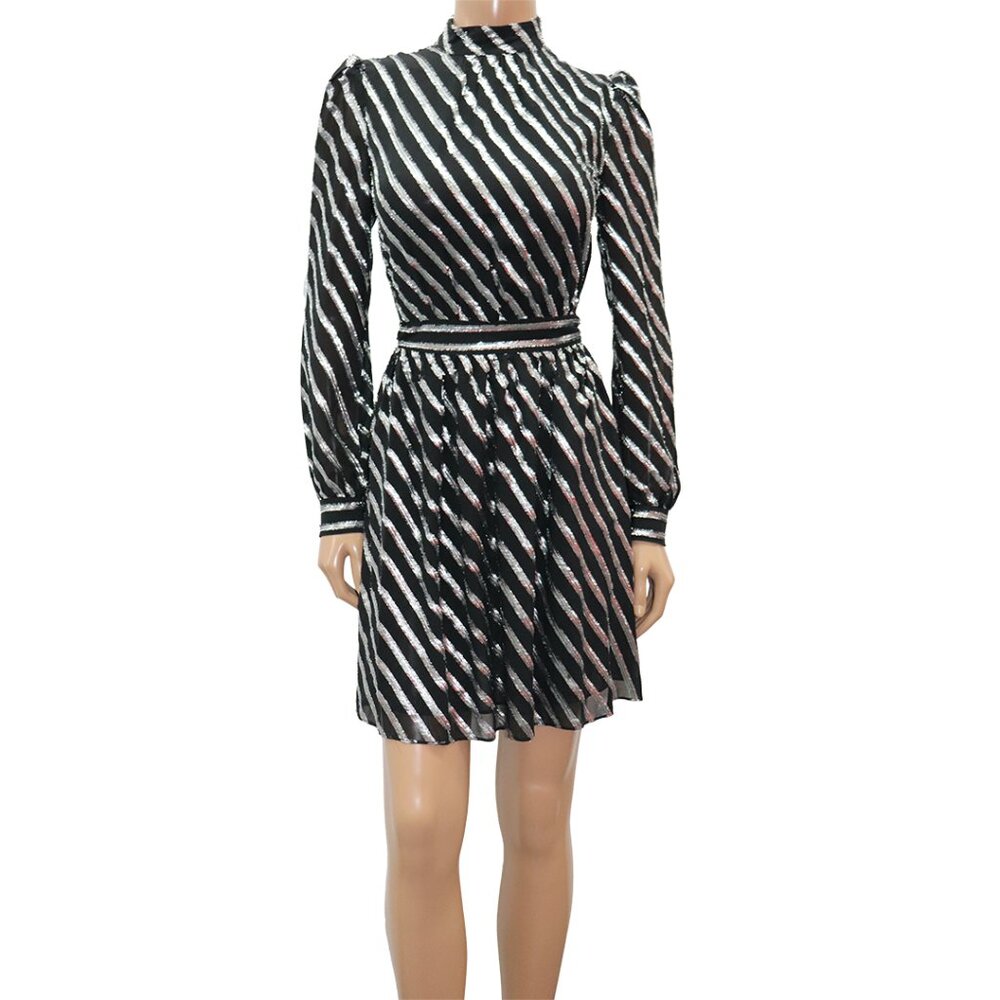 MICHAEL Michael Kors Metallic Stripe Silk Jacquard Black Silver Mini Dress 2 - Picture 6 of 8